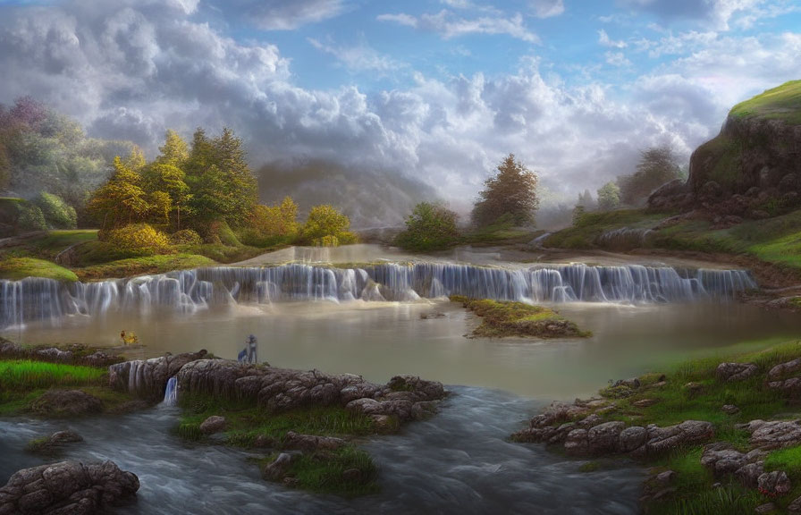 Tranquil landscape with small waterfalls, river, greenery, autumn trees, cloudy sky