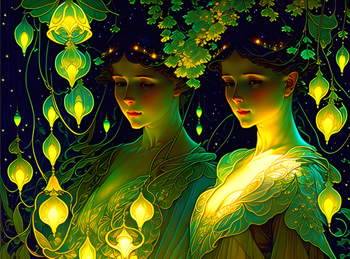 Stylized women among glowing lantern plants in mysterious setting