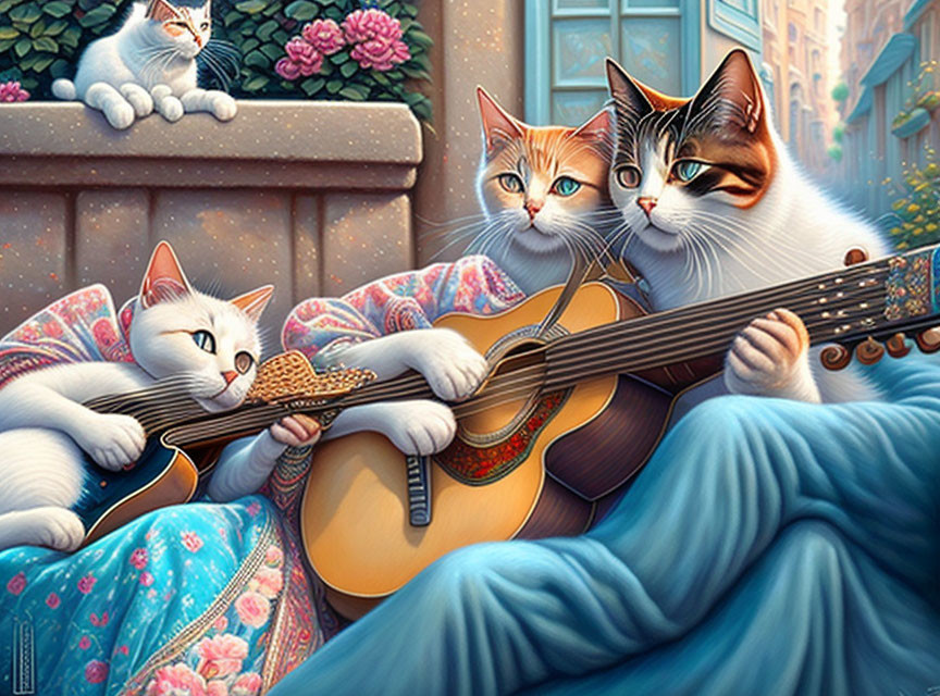 Cartoon Cats Playing Music on Quilt with Cityscape Background