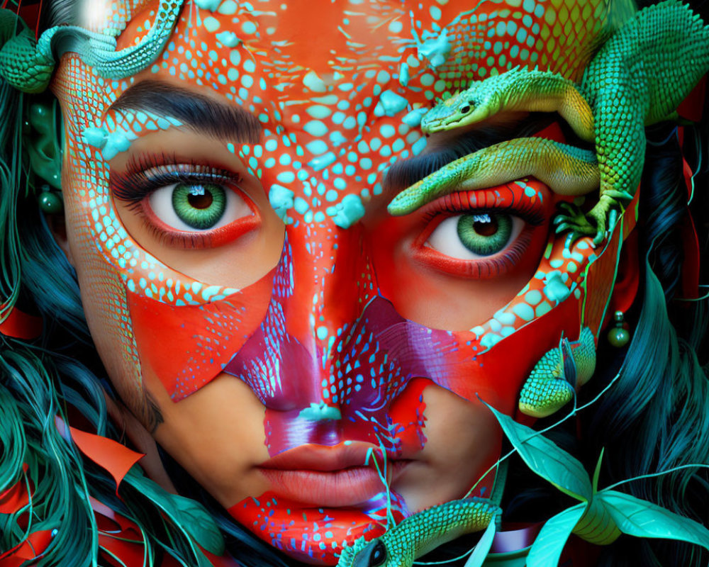 Vibrant surreal portrait with red and orange reptilian skin patterns
