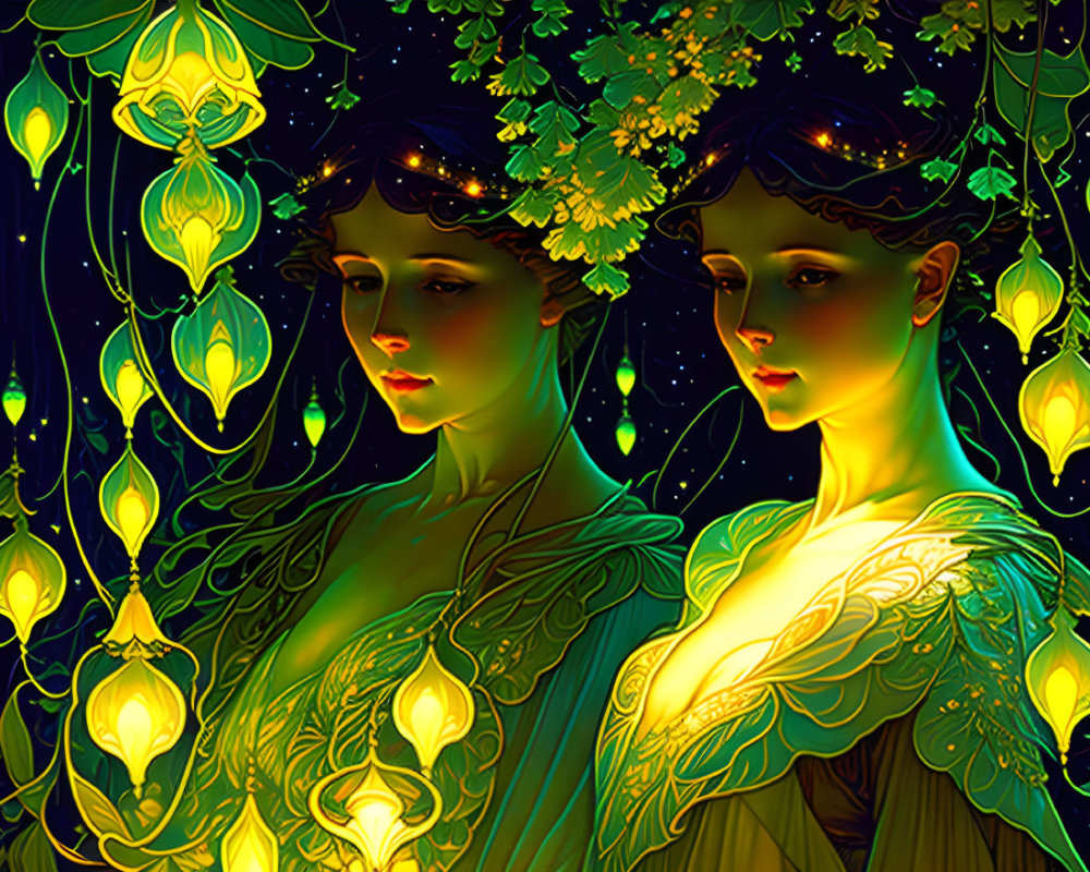 Stylized women among glowing lantern plants in mysterious setting