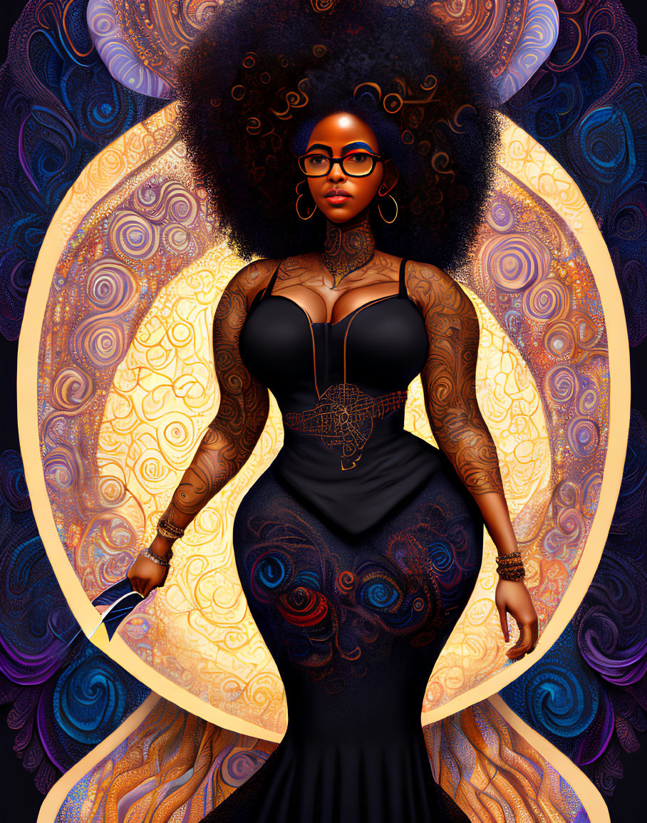 Digital artwork: Woman with curly hair, glasses, and dress on warm-toned patterned background