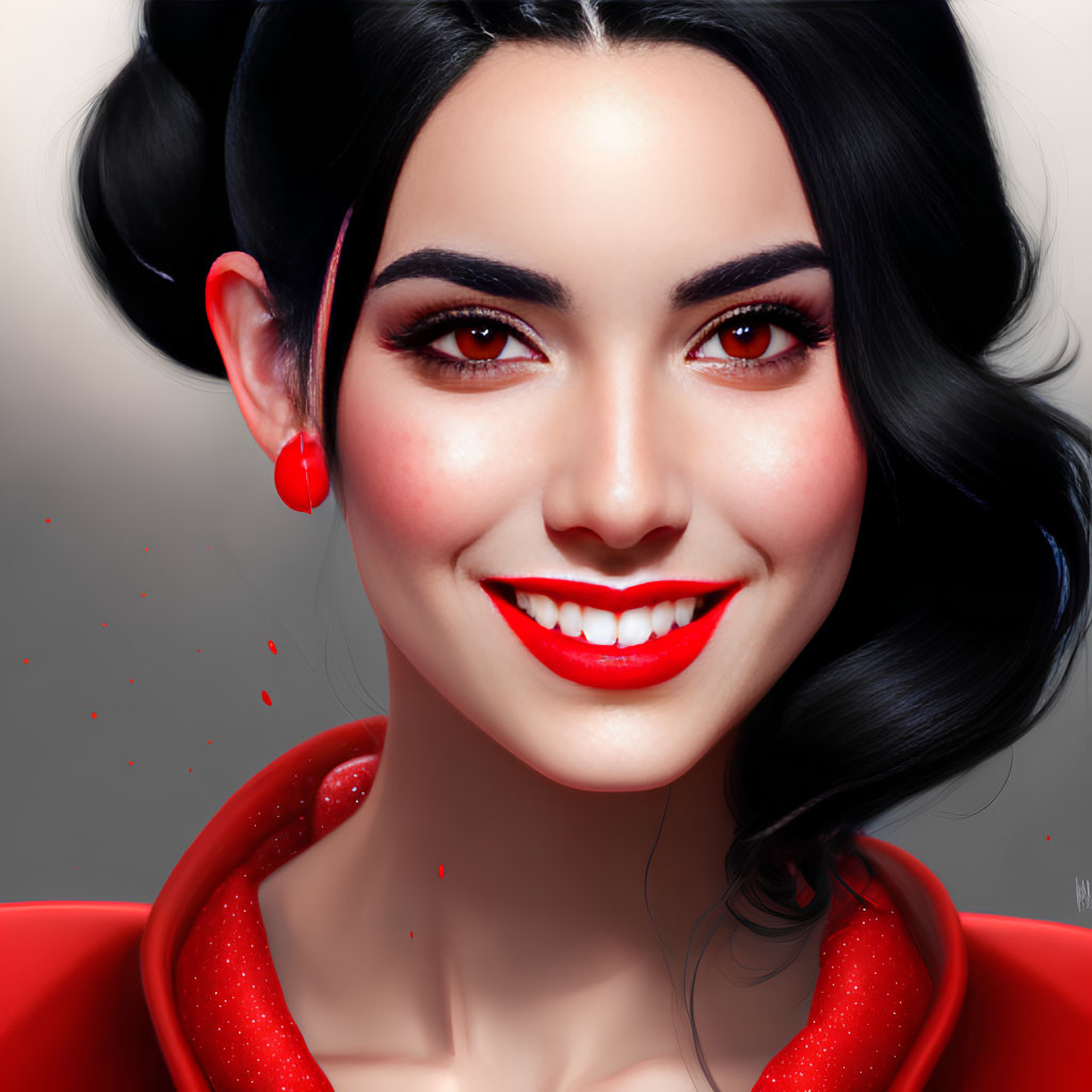 Smiling woman with dark hair and red lipstick in digital portrait