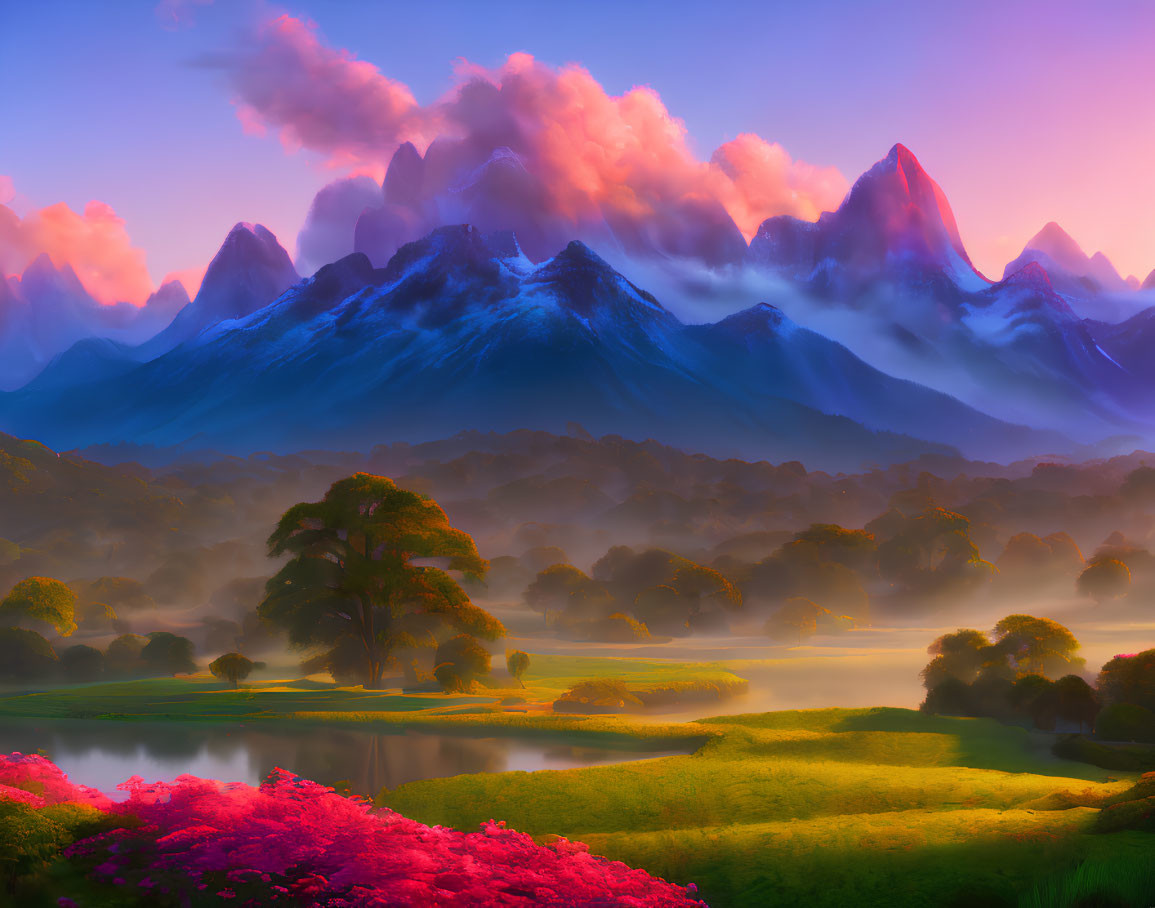 Scenic sunrise over snowy peaks, greenery, pink blooms, mist, and reflective lake