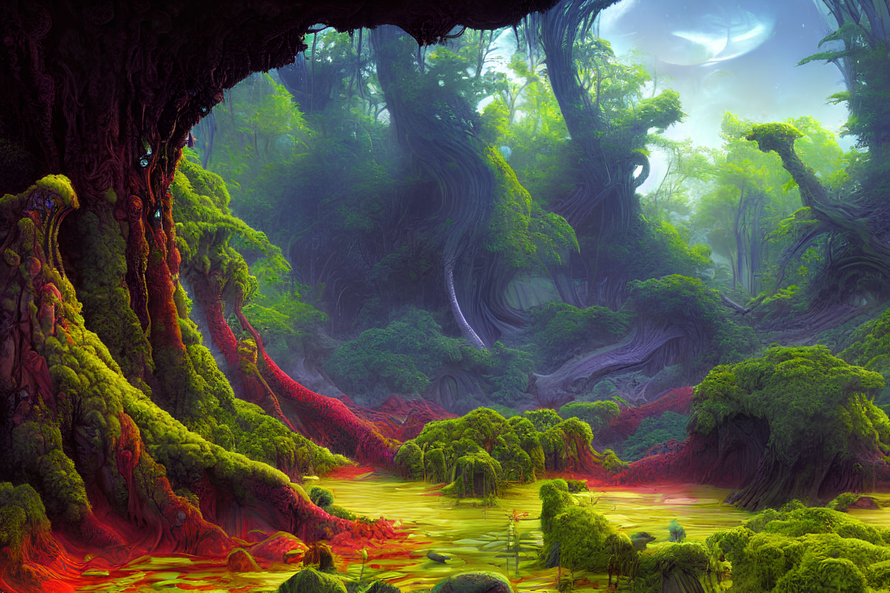 Fantasy forest with twisting trees, red river, and large moon