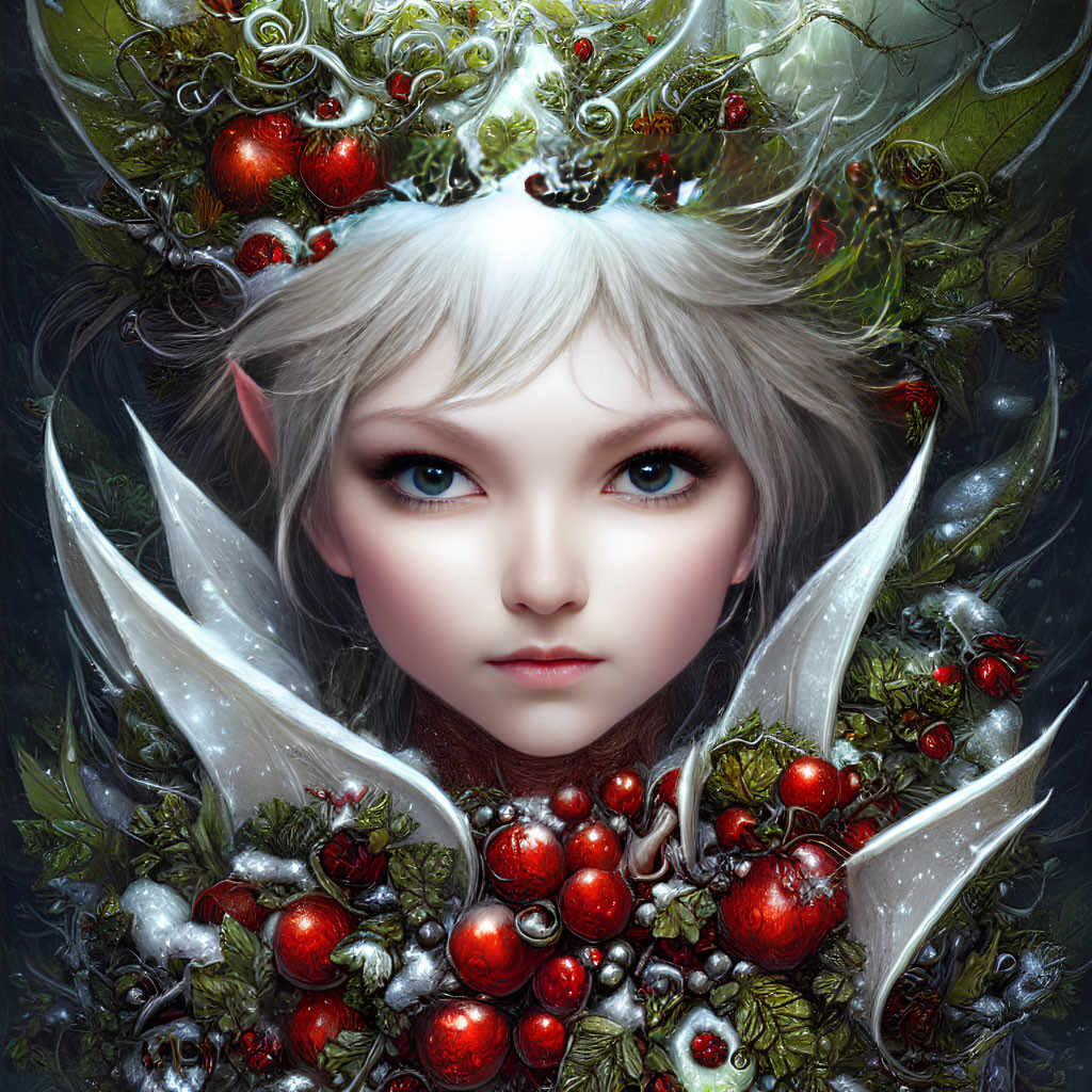 Ethereal being with pointy ears and headdress of foliage, berries, and crystals