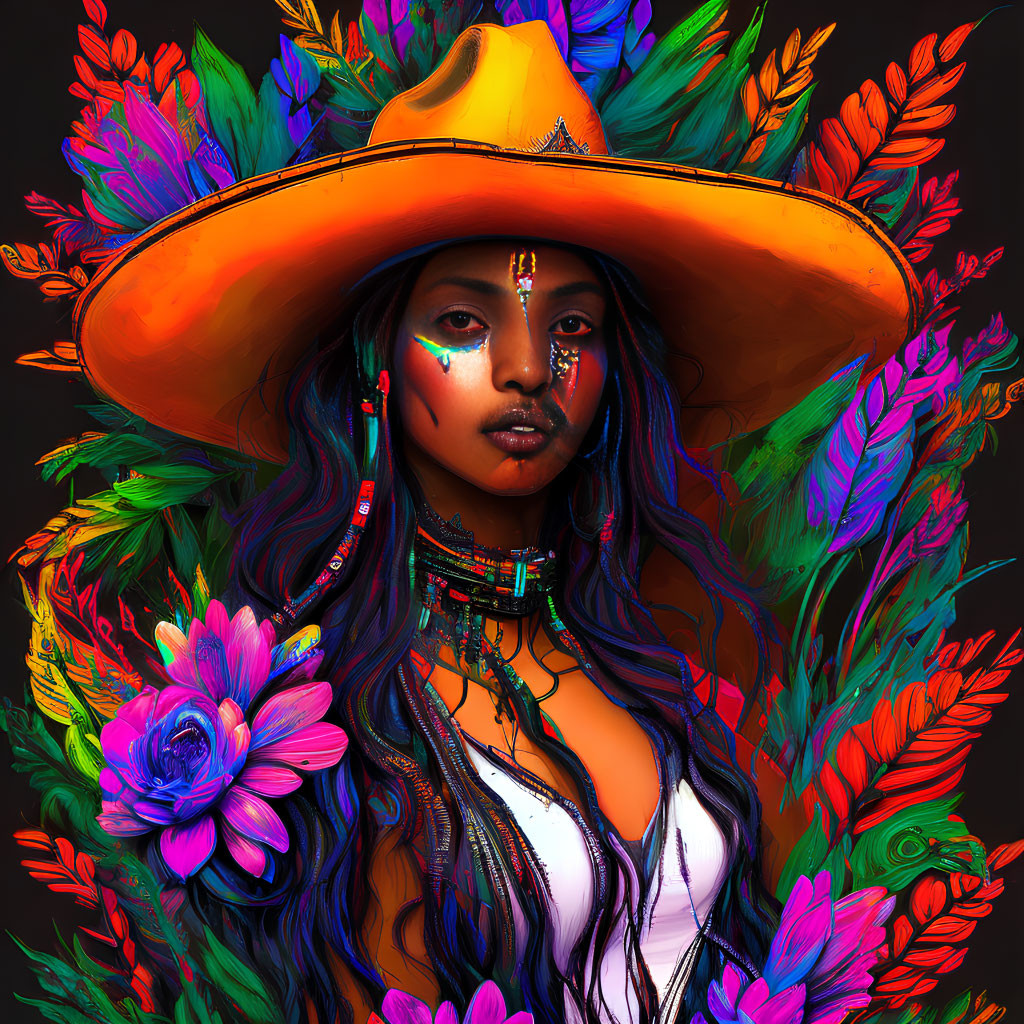 Colorful Digital Portrait of Woman with Feathers, Flowers, Orange Hat, and Tribal Jewelry