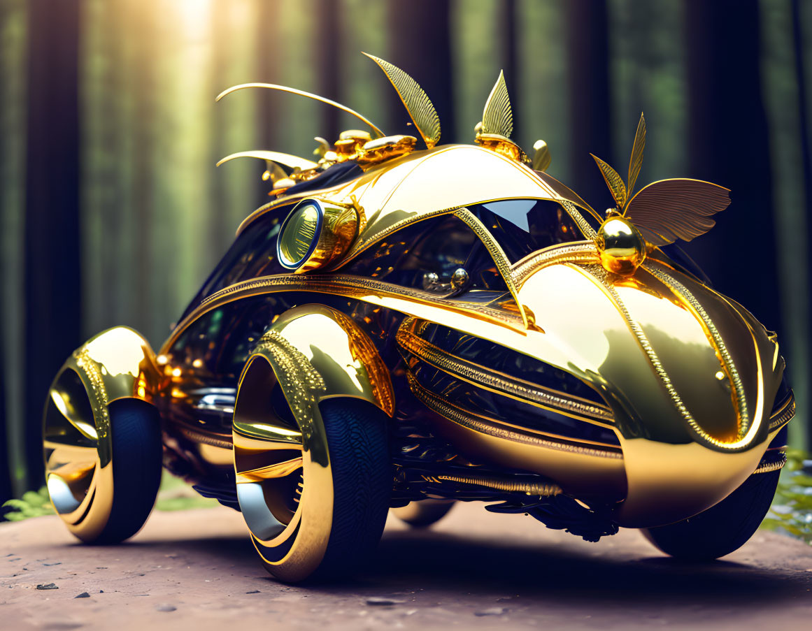 Steampunk-inspired golden vehicle with insect-like wings in forested setting