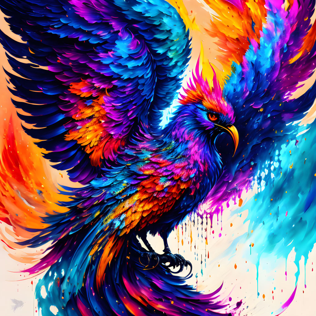 Colorful Phoenix Illustration with Bright Feathers on Paint-Splattered Background