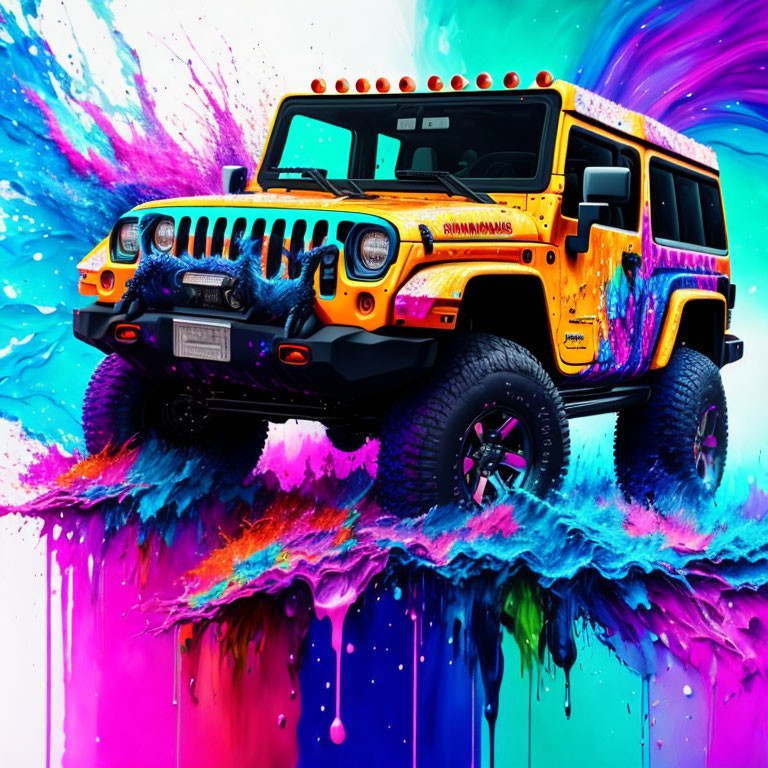 Colorful Splatter Paint Design Yellow Jeep on Turquoise Background