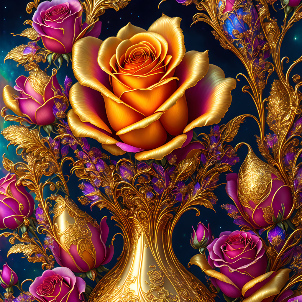 Digital artwork: Golden rose amidst pink roses and gold filigree on starry night