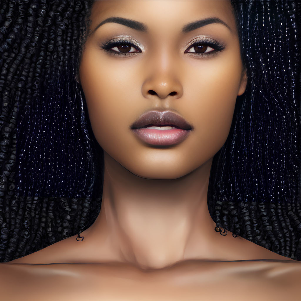 Close-Up Portrait of Woman with Dark Skin and Full Lips and Black Micro Braids