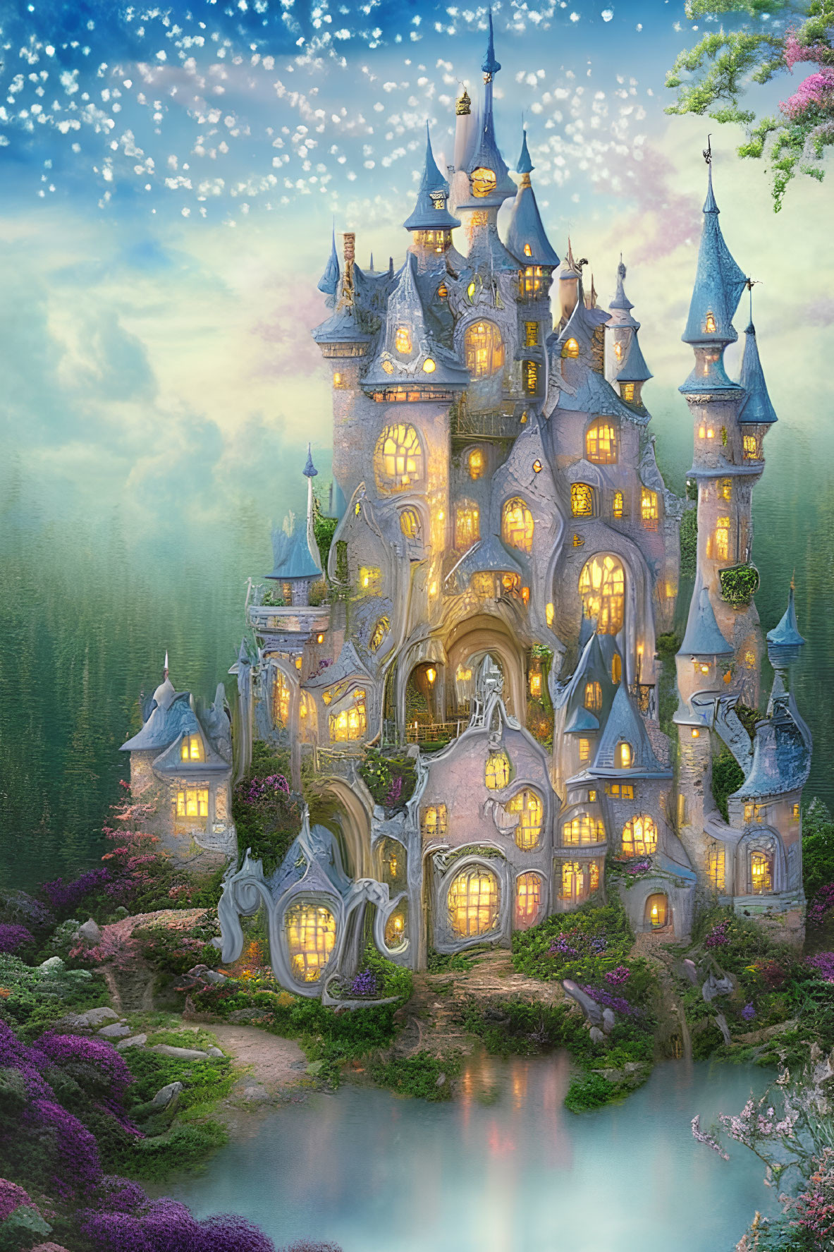 Enchanting fairytale castle in lush greenery with illuminated windows