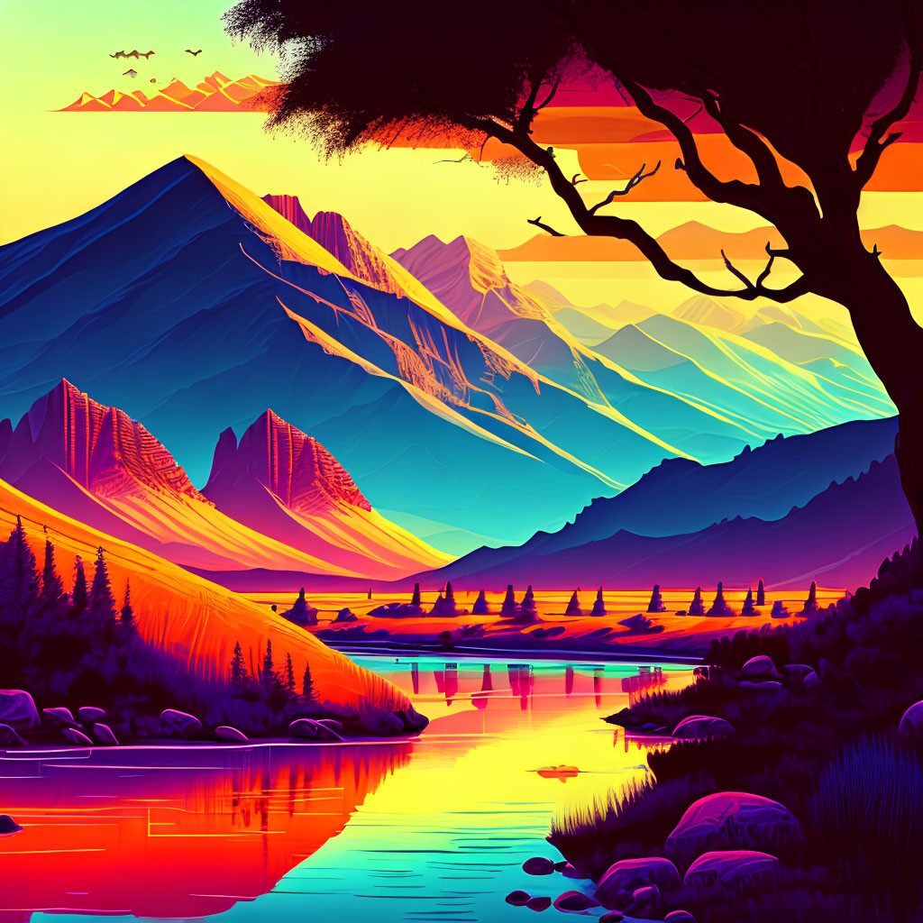 Colorful sunset mountain landscape with river and tree silhouette