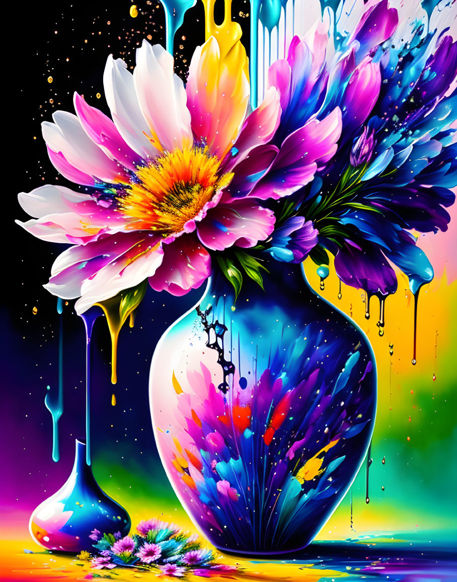 Colorful bouquet of flowers in dripping paint-style vase against starry backdrop