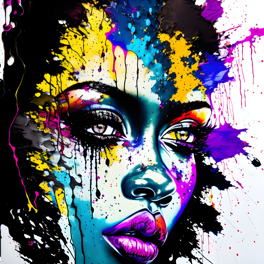 Colorful Abstract Portrait of Woman with Paint Splashes in Blue, Yellow, and Purple