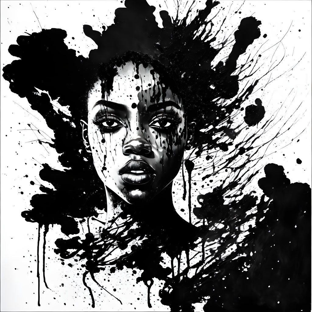 Monochrome artistic portrait of a woman with splattered ink creating dramatic hairstyle