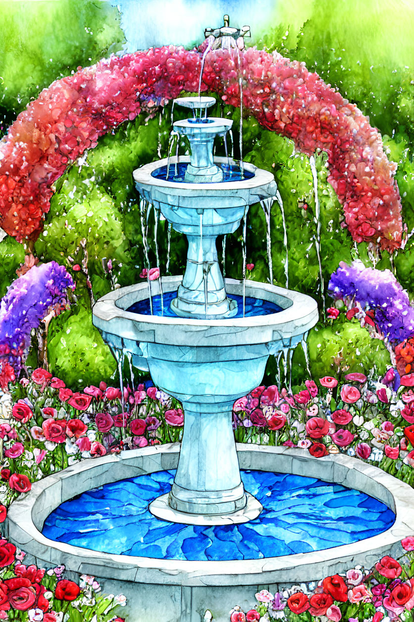 Watercolor illustration of a lush garden fountain with cascading water