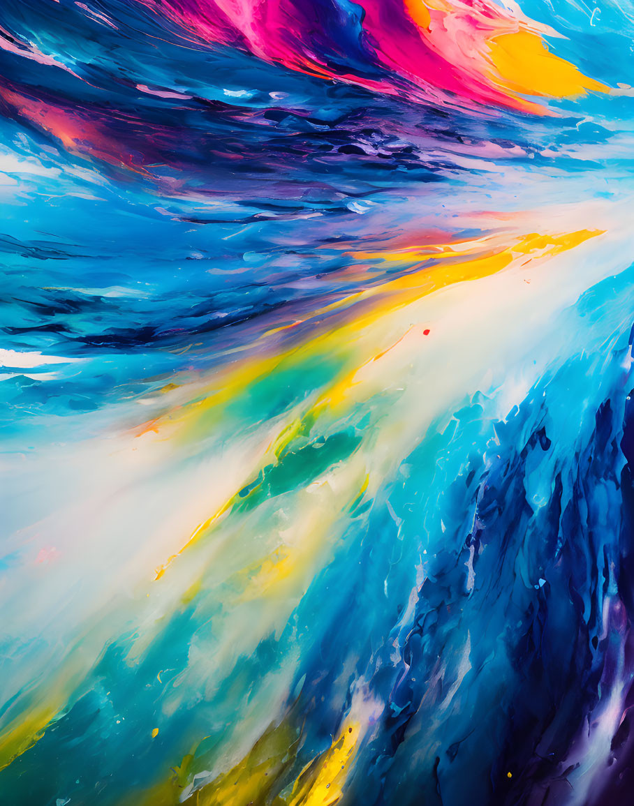Colorful Abstract Painting with Dynamic Blue, Yellow, Pink, and White Strokes