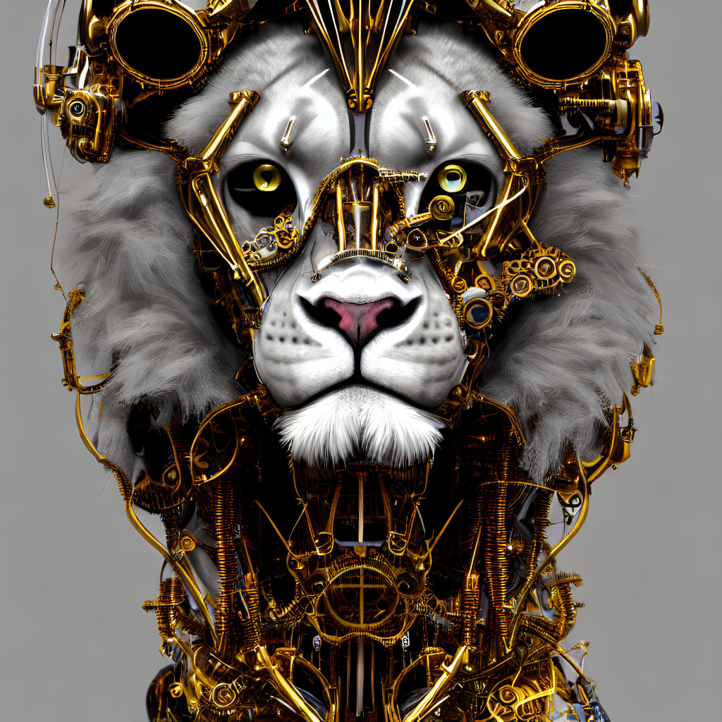 Detailed futuristic lion with mechanical headpiece on neutral background