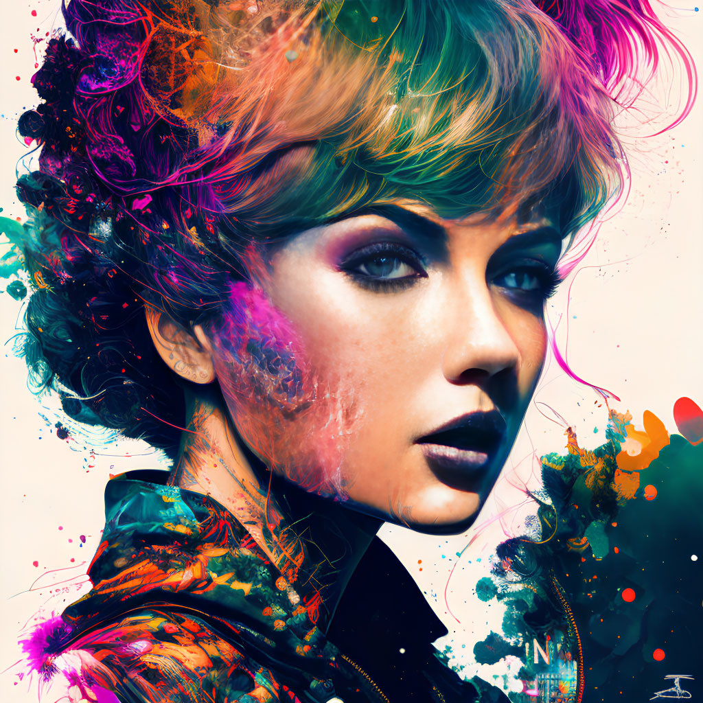 Colorful Abstract Elements Merge with Woman's Portrait