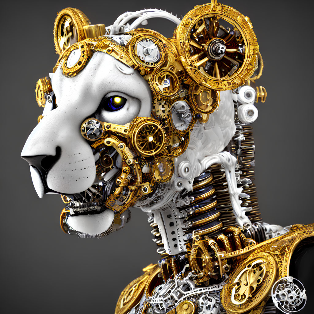 Mechanical lion with steampunk-style gold and silver gears and cogs