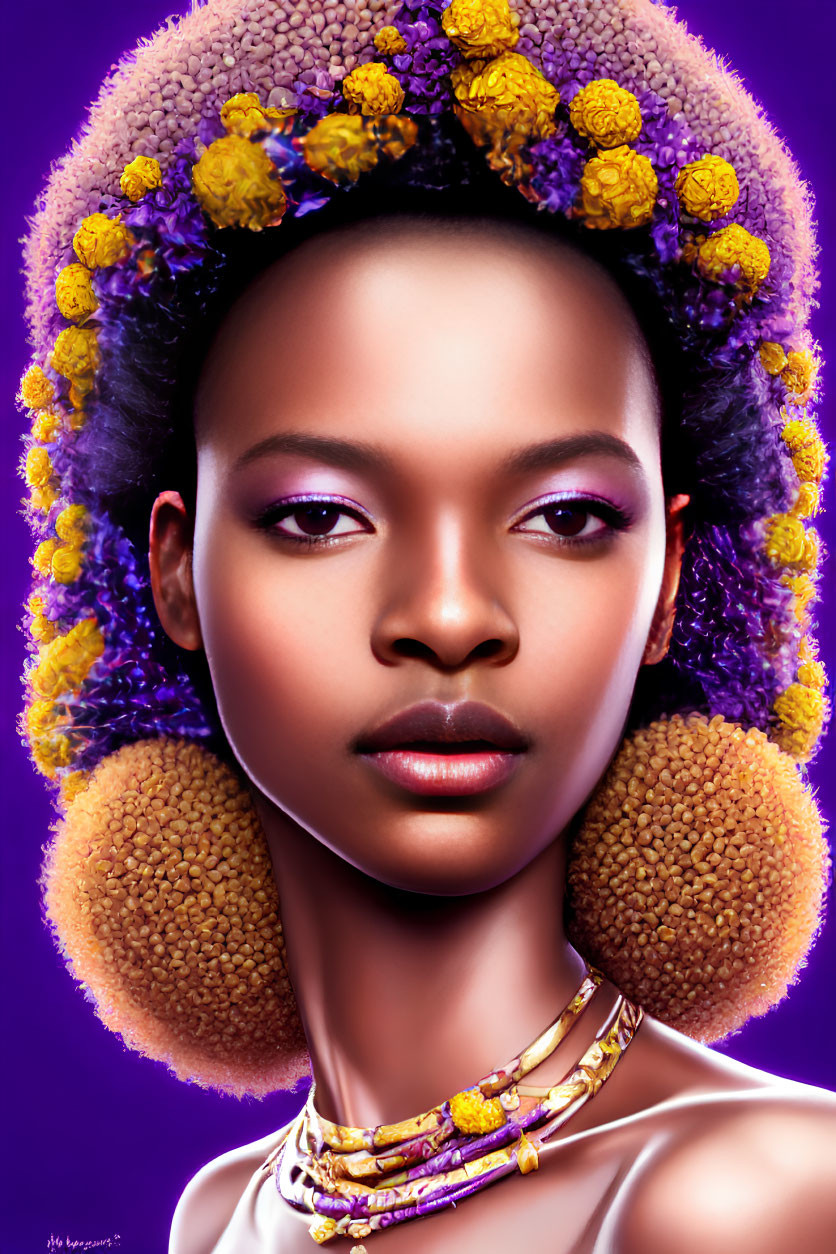 Woman portrait with striking makeup and yellow flowers on purple background
