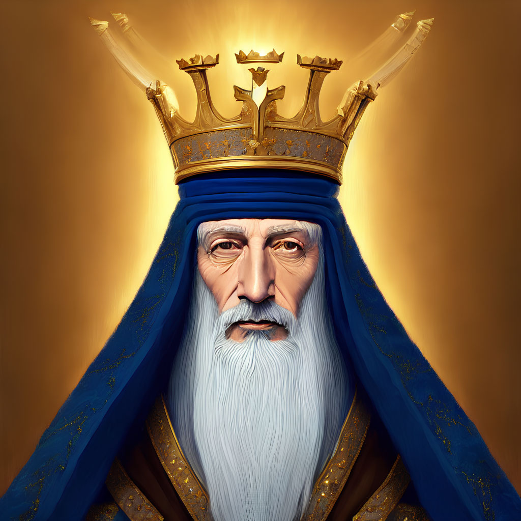 Regal figure with golden crown, white beard, piercing gaze, blue robe & stars.