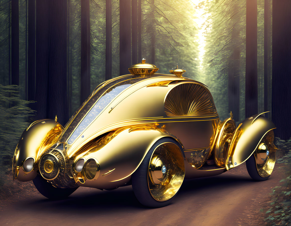 Futuristic golden car on forest road with sunlight filtering through trees