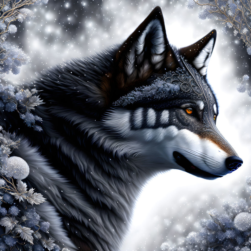 Detailed Wolf Illustration with Tribal Forehead Adornment in Snowy Scene