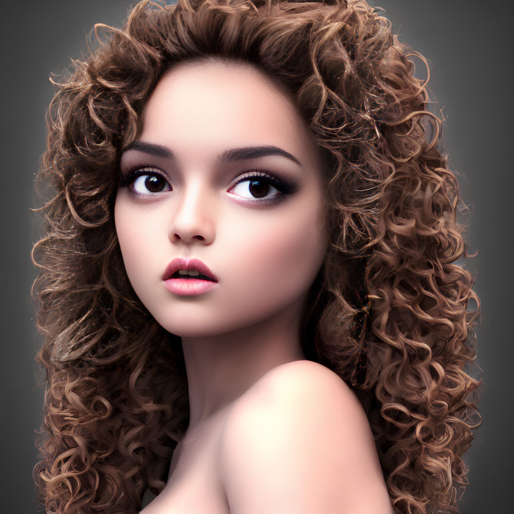 Portrait of female with voluminous curly hair and expressive eyes on gray backdrop