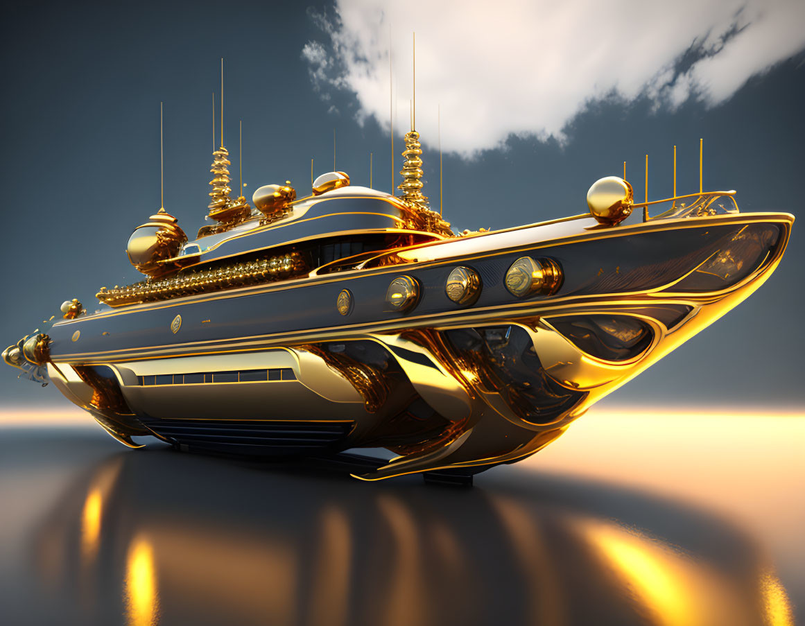 Futuristic golden yacht with antennas on reflective surface at sunset