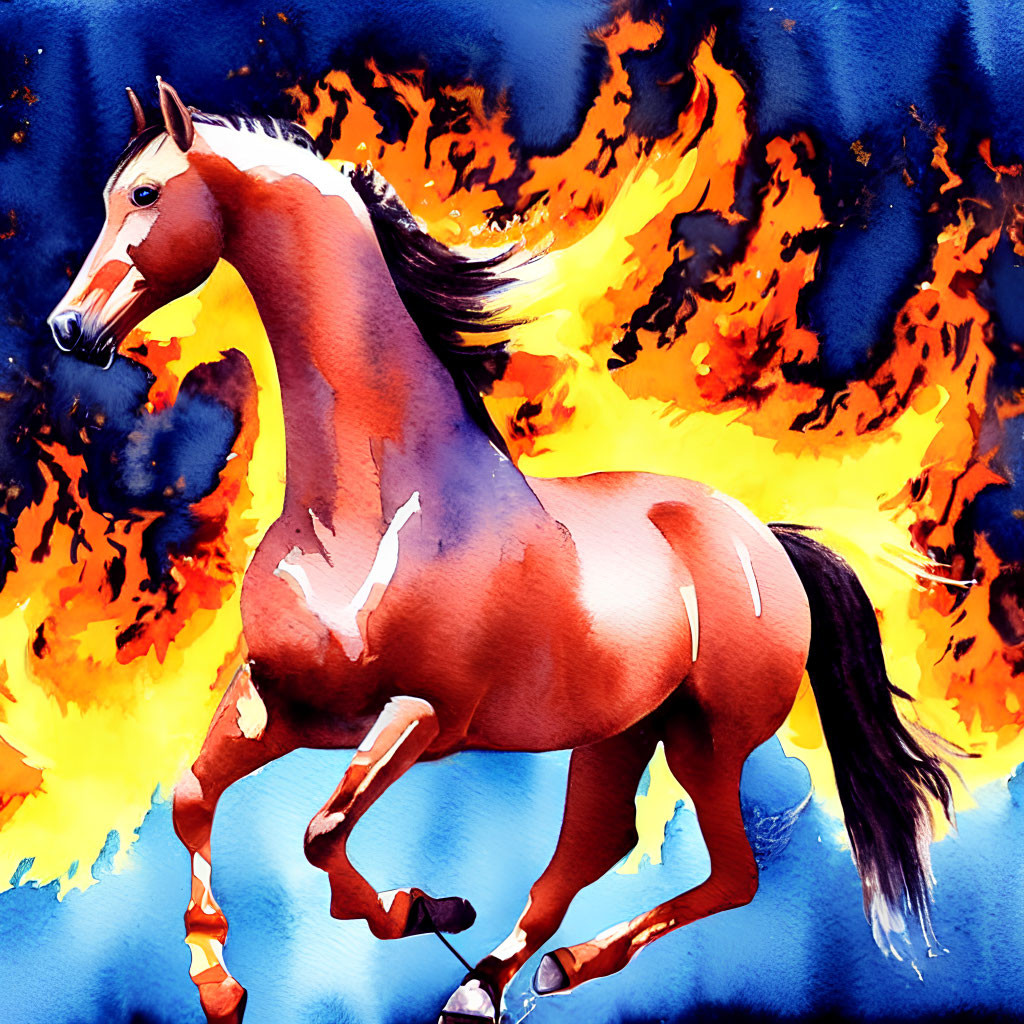 Colorful Watercolor Illustration of Brown Horse Galloping Amid Orange and Blue Flames