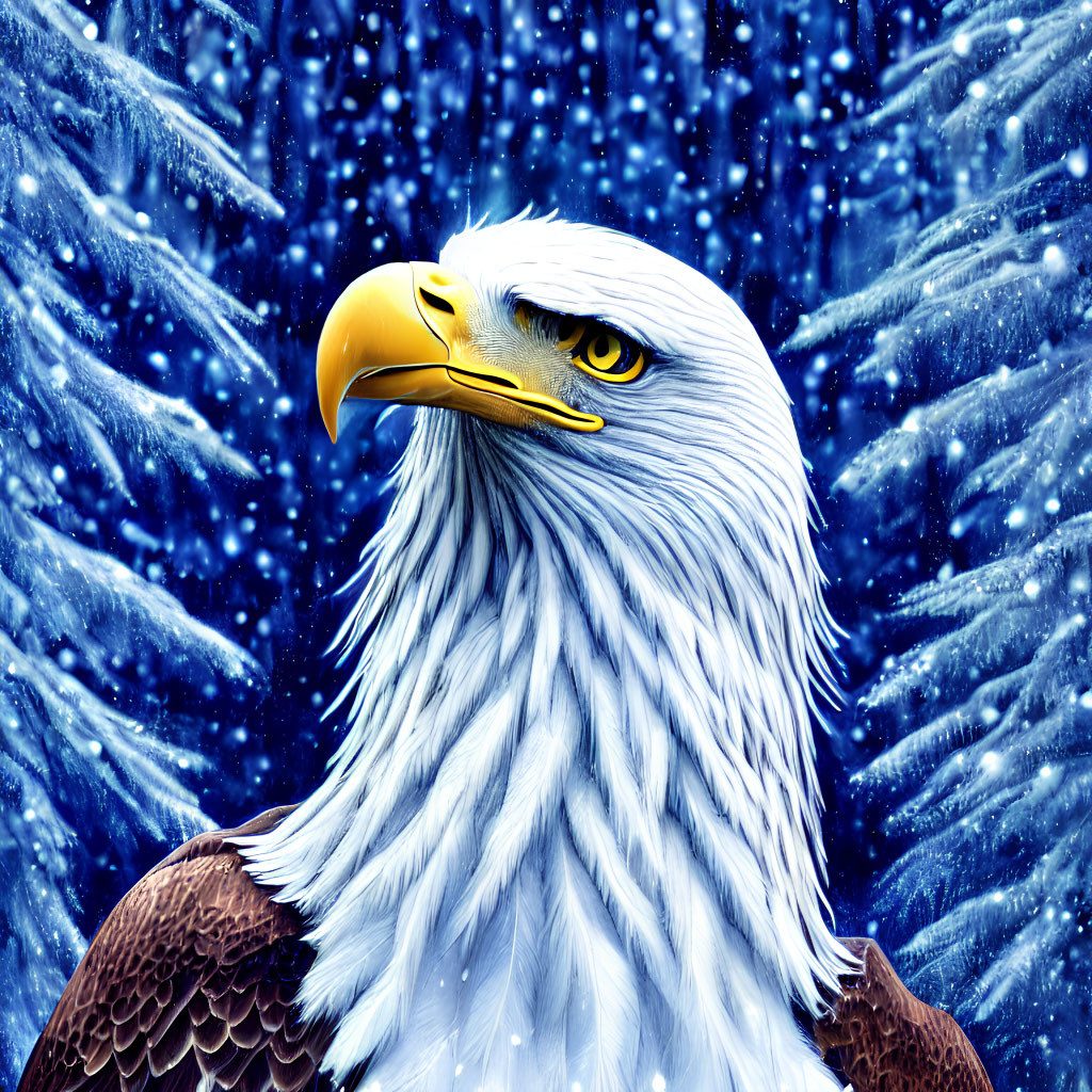Majestic bald eagle with yellow beak in snowy blue and white setting