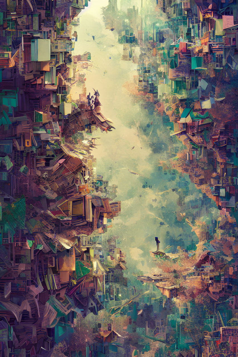 Vertical Cityscape with Dense Buildings and Lone Figure in Luminous Void