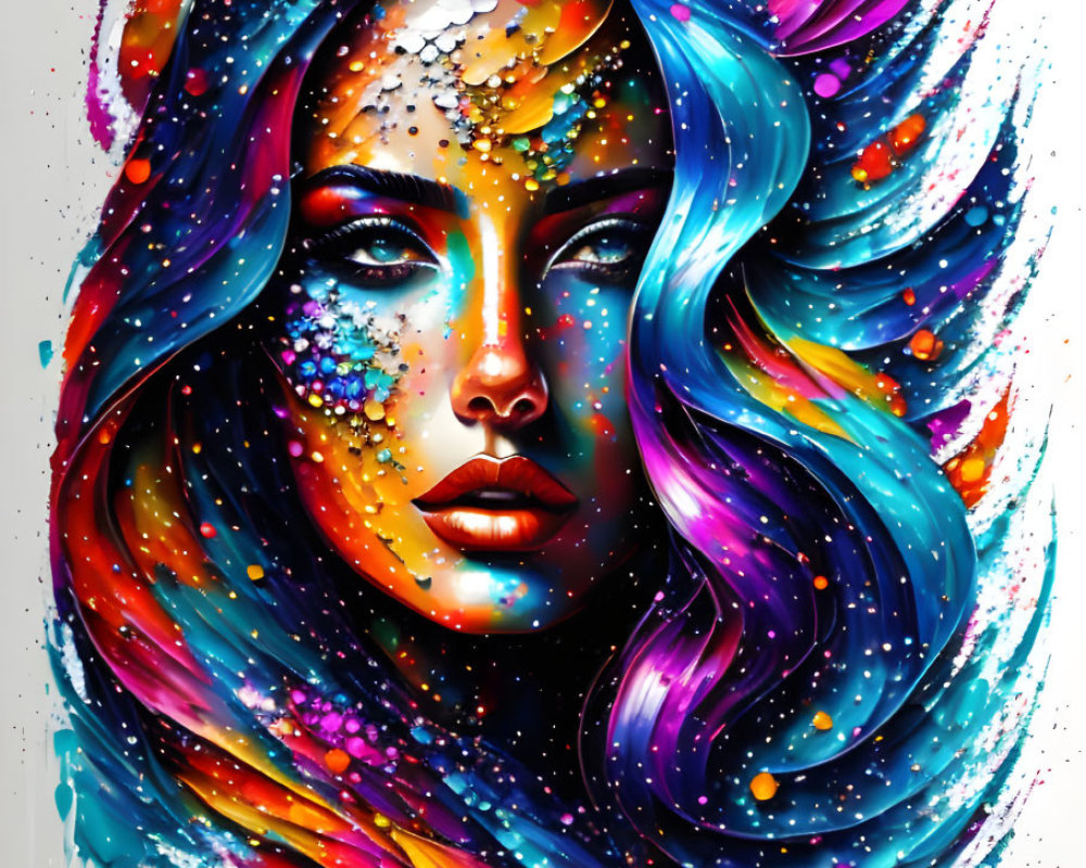 Colorful cosmic artwork featuring a woman with flowing hair and splattered paint elements
