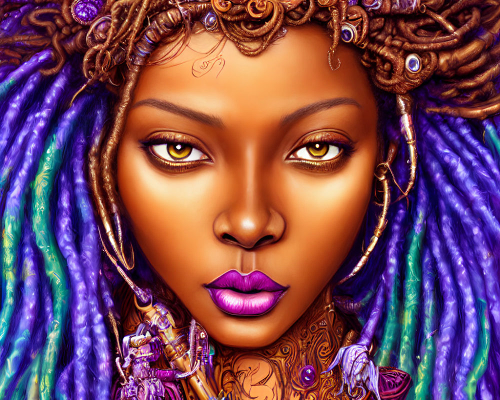 Intricate purple dreadlocks and golden eyes in digital portrait