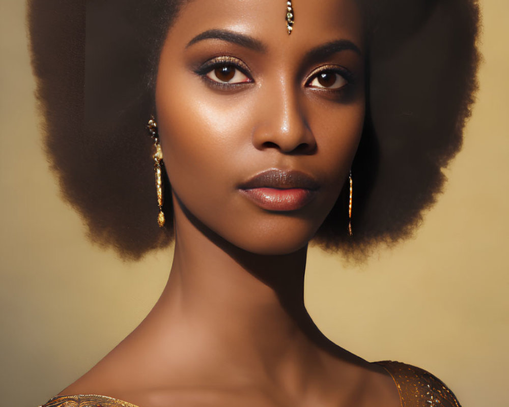 Woman with Full Afro Hairstyle and Traditional Gold Jewelry in Elegant Makeup gazes at Camera on Warm Background
