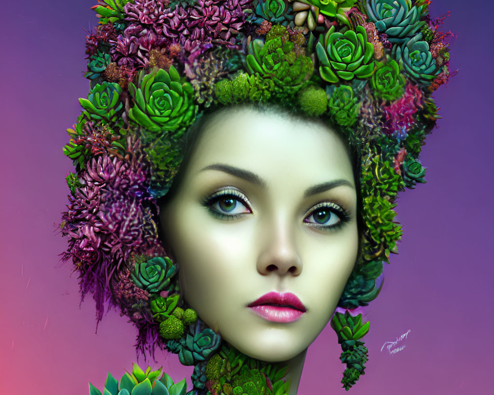 Vibrant succulent crown on woman in digital portrait