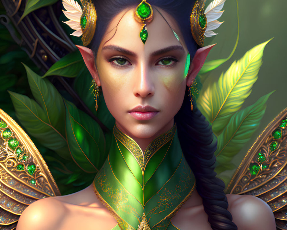 Fantasy elf woman with green eyes and golden jewelry in green and gold leaf attire