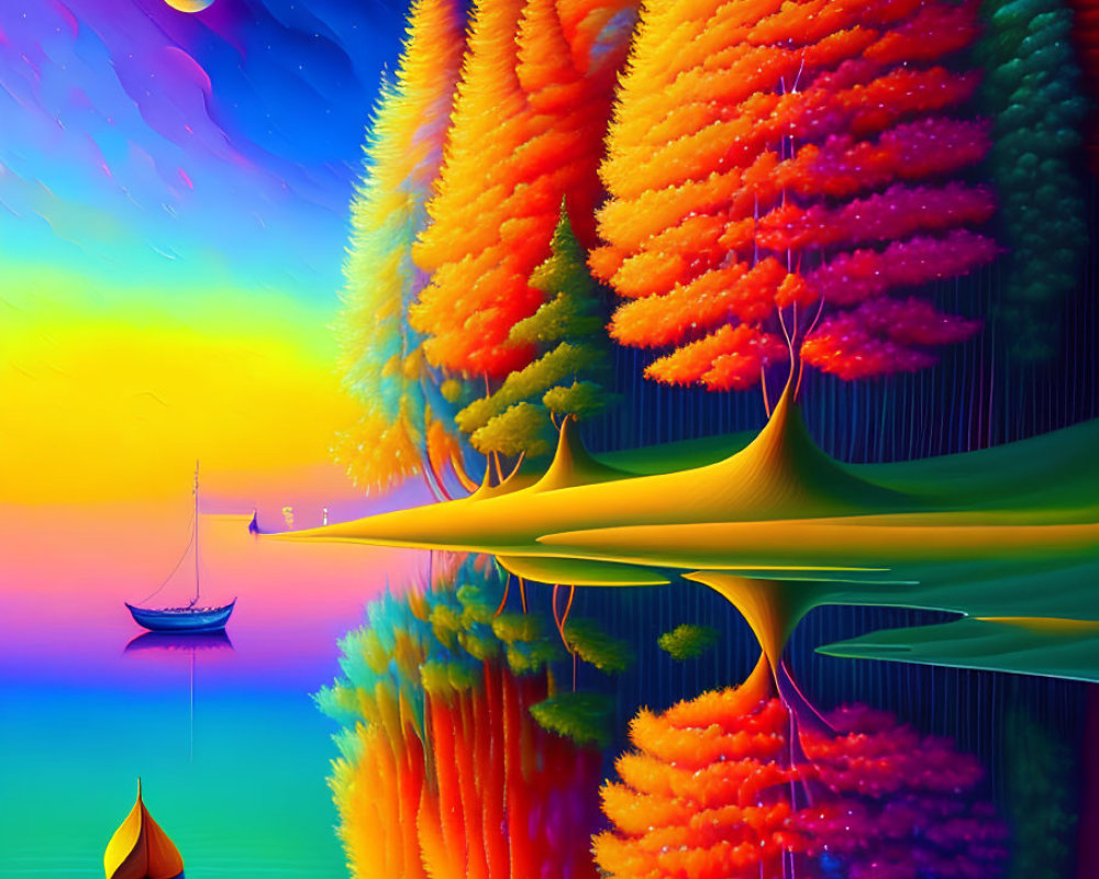 Colorful Surreal Forest with Reflections in Water and Boats on Serene Lake