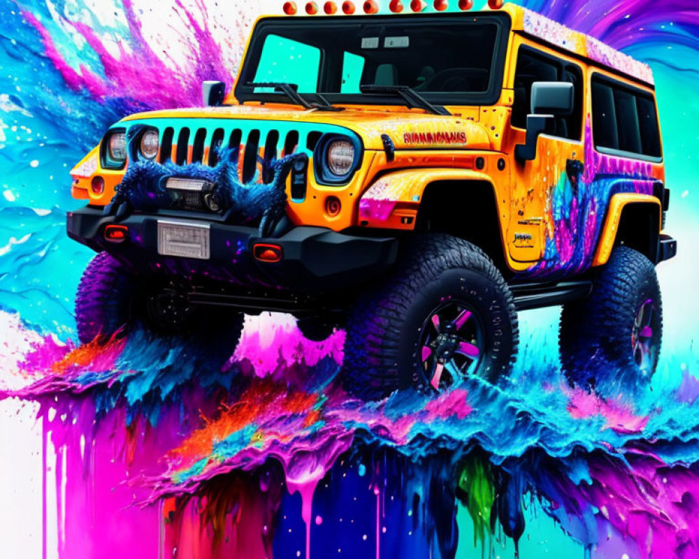 Colorful Splatter Paint Design Yellow Jeep on Turquoise Background