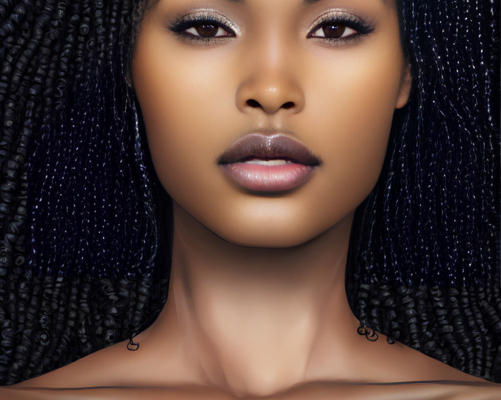 Close-Up Portrait of Woman with Dark Skin and Full Lips and Black Micro Braids