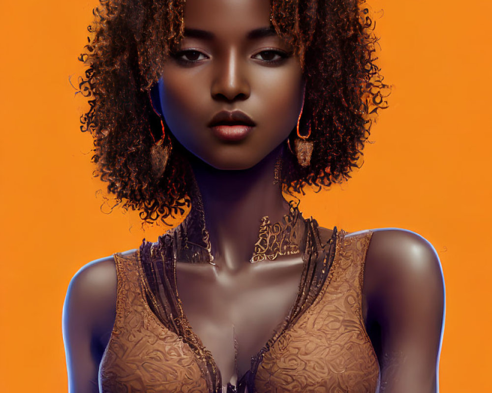Digital artwork: Woman with curly hair and jewelry on orange background