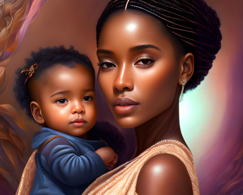 Portrait of woman with braided hair carrying child on back with warm brown eyes on soft background