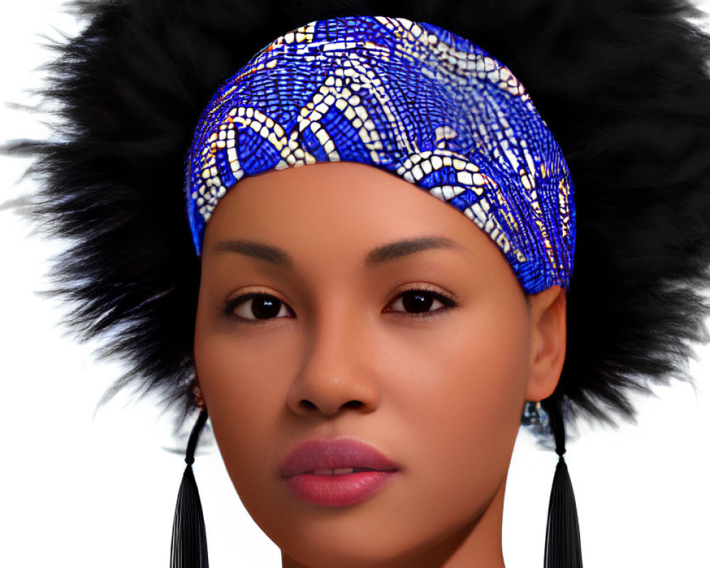 Woman in Blue Patterned Headband and Black Furry Hat with Tassel Earrings