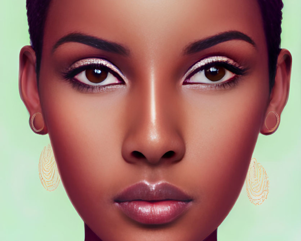 Digital portrait of woman with short hairstyle, hoop earrings, and piercing eyes on mint green backdrop