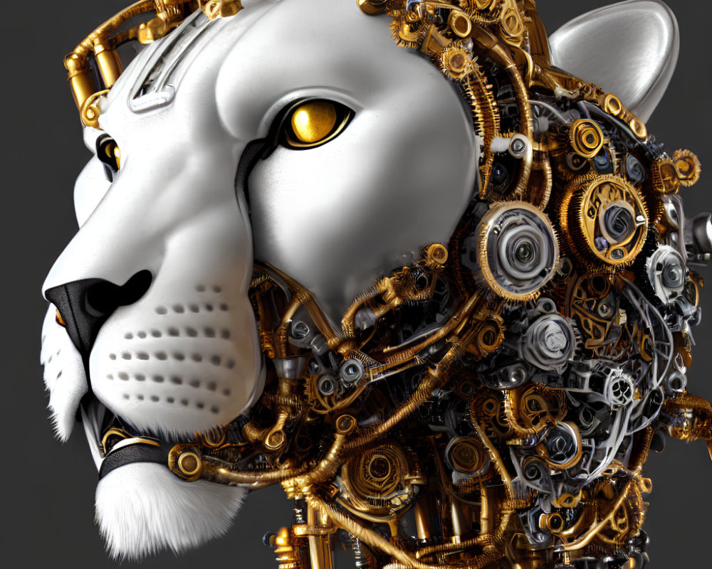 Mechanical leopard head with gold and silver gears and luminous yellow eyes