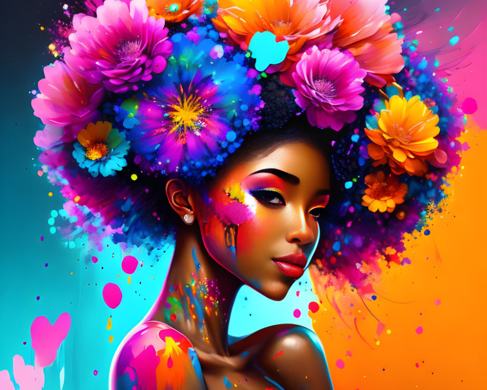 Colorful digital artwork of woman with floral headdress & paint splashes