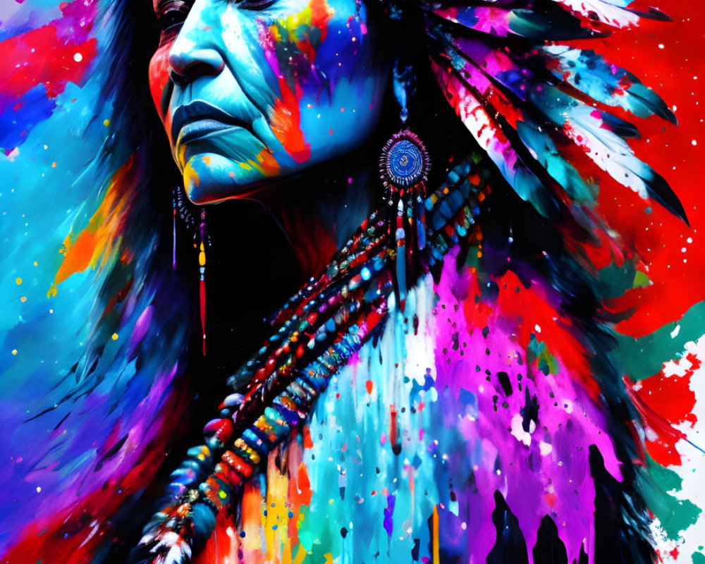 Colorful Native American artwork with feather headdress: vibrant and expressive.